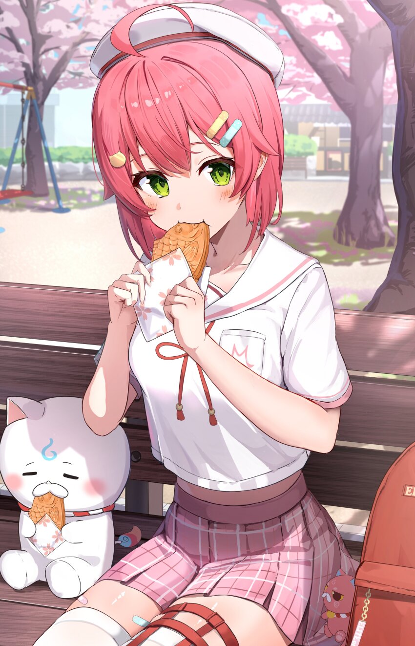 1girl, 35p_(sakura_miko), absurdres, ahoge, backpack, bag, bandaid, bandaid_on_leg, bench, beret, cat_hair_ornament, cherry_blossoms, day, double-parted_bangs, eating, food, green_eyes, hair_ornament, hairclip, hat, highres, holding_taiyaki, hololive, kintoki_(sakura_miko), light_blush, looking_at_viewer, midriff_peek, on_bench, outdoors, parallel_hairclips, park, park_bench, pink_hair, pink_skirt, pleated_skirt, red_bag, sailor_collar, sakura_miko, sakura_miko_(school_uniform), shiotsuke_sasami, shirt, short_hair, sitting, skirt, solo, swing, taiyaki, thigh_strap, thighhighs, virtual_youtuber, wagashi, white_hat, white_shirt, white_thighhighs