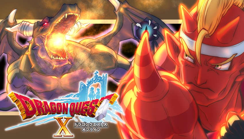 1boy, 1other, black_background, blonde_hair, border, breath_weapon, breathing_fire, brown_border