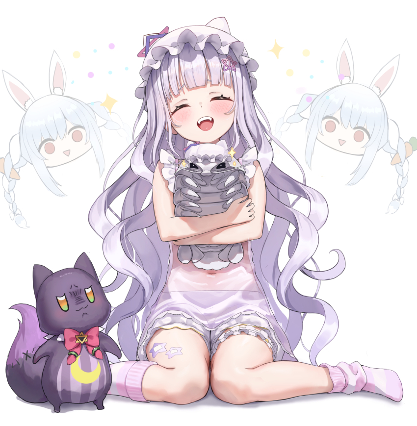 2girls, :d, animal, arched_bangs, bandaid, bandaid_on_leg, blush, chibi