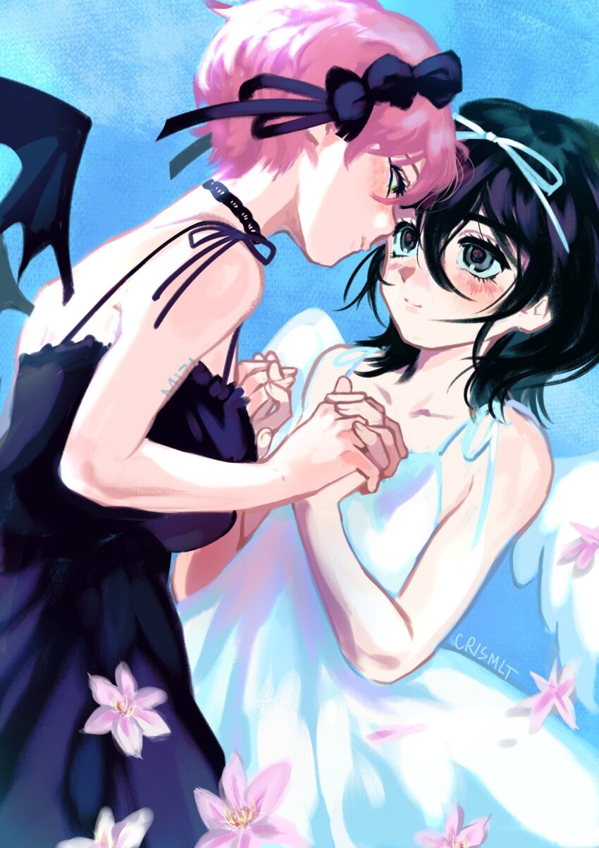 2girls, alien_stage, arm_tattoo, black_choker, black_dress, black_hair, black_headdress, blue_background, blue_eyes, bow, choker, clematis_(flower), commentary, crismlt, dilated_pupils, dress, eye_contact, flower, green_eyes, hair_bow, highres, holding_hands, interlocked_fingers, looking_at_another, medium_hair, mizi_(alien_stage), multiple_girls, pink_hair, purple_flower, short_hair, signature, sleeveless, sleeveless_dress, smile, sua_(alien_stage), untranslatable_commentary, tattoo, very_short_hair, white_bow, white_dress
