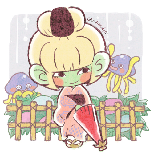 1girl, 2others, black_eyes, blonde_hair, blunt_bangs, blush_stickers, border, chibi