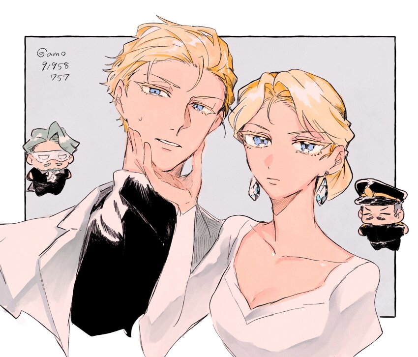 1boy, 1girl, alternate_costume, artist_name, ascot, atsuage_(amo91958757), beard, black_hat