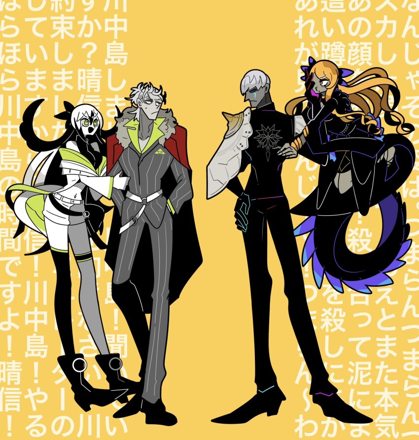 2boys, 2girls, armor, asymmetrical_legwear, bangle, belt, blonde_hair, bracelet