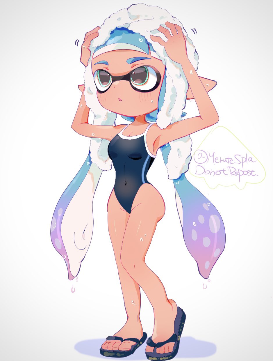 1girl, arms_up, artist_name, black_one-piece_swimsuit, black_sandals, blue_hair, breasts, cleavage, commentary_request, drying, drying_hair, full_body, gradient_hair, highres, inkling, inkling_girl, inkling_player_character, long_hair, merute_spla, multicolored_hair, nintendo, one-piece_swimsuit, pink_hair, pointy_ears, sandals, solo, splatoon_(series), splatoon_3, standing, swimsuit, tentacle_hair, towel, twitter_username, two-tone_hair, white_background