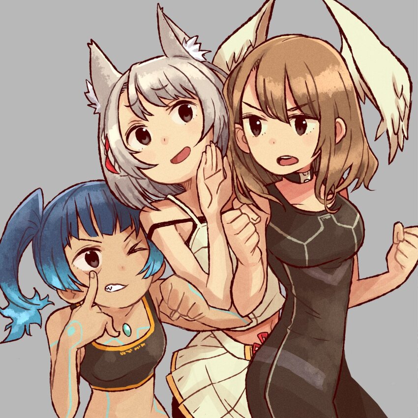3girls, animal_ear_fluff, animal_ears, arms_up, black_bodysuit, blue_hair, bodysuit, brown_hair
