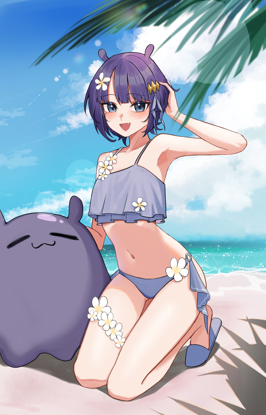 1girl, :d, absurdres, beach, bikini, blue_bikini, blue_sky, blunt_bangs