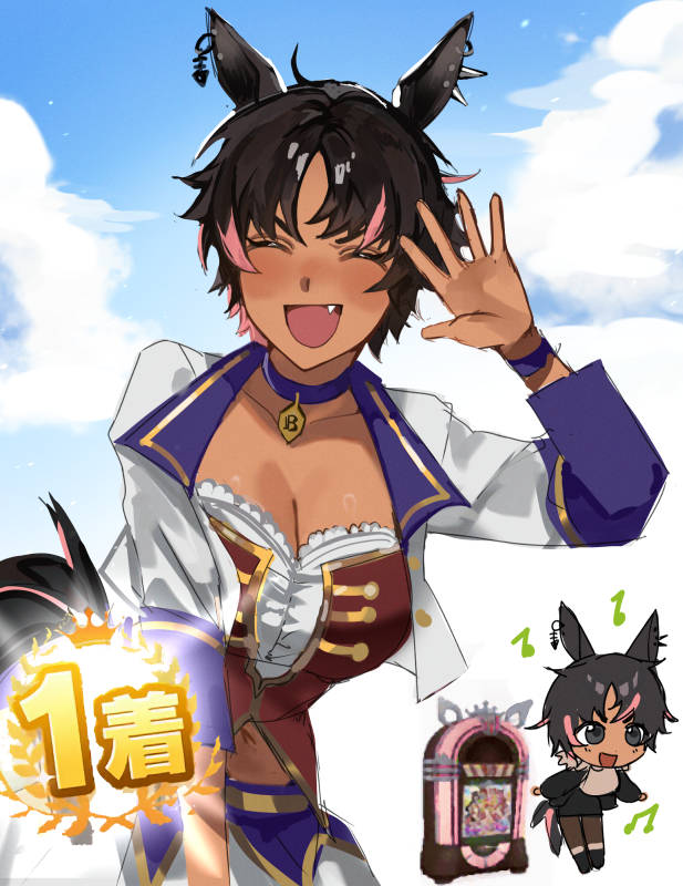 1girl, ^_^, animal_ears, black_hair, bodice, bon_(vtuber), breasts, chibi