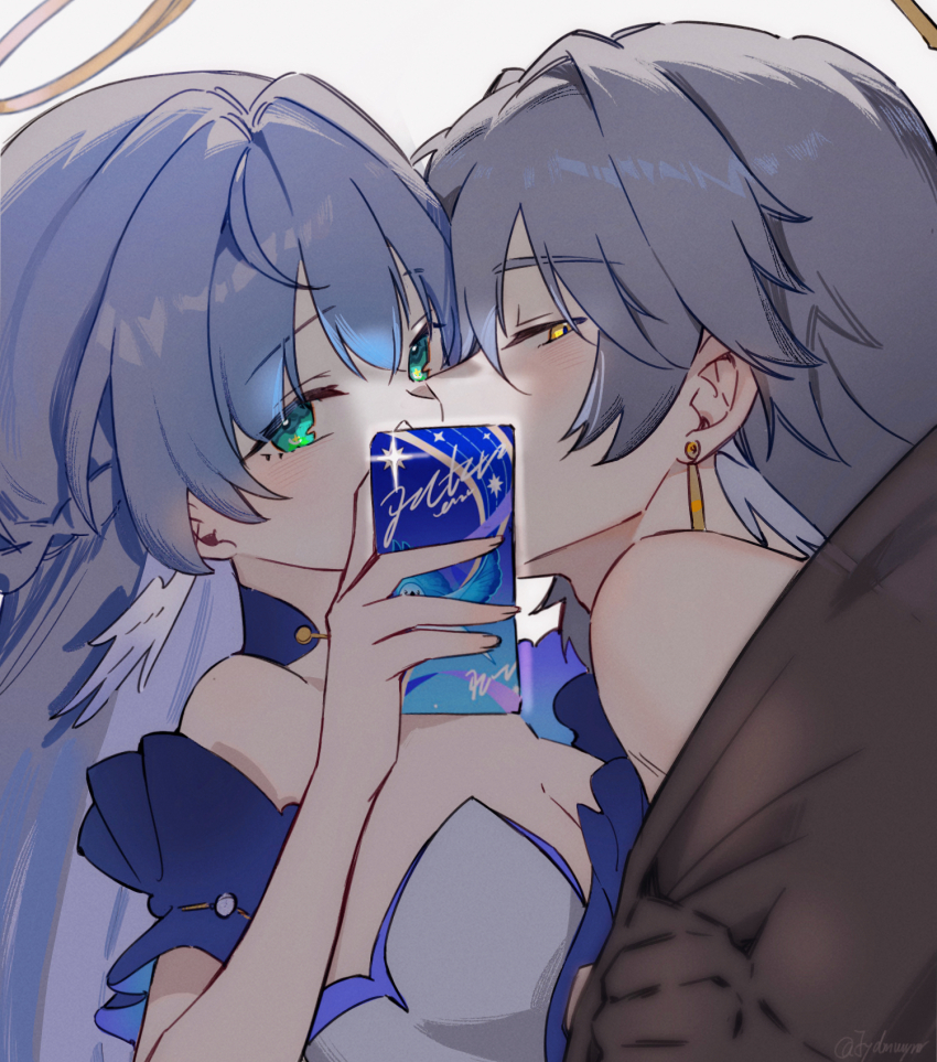 1boy, 1girl, bare_shoulders, blue_hair, breasts, brother_and_sister, cellphone, cleavage