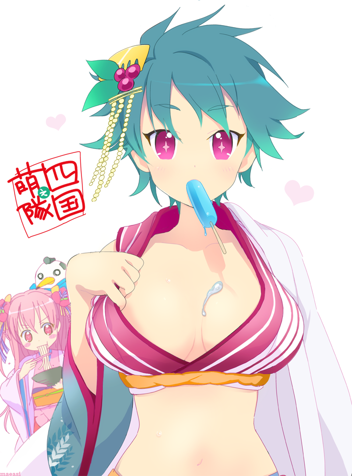 +_+, 2girls, aqua_hair, asymmetrical_hair, bad_id, bad_pixiv_id, bowl, collarbone, comb, eating, flower, food, gradient_hair, hair_flower, hair_ornament, heart, japanese_clothes, kimono, long_hair, maeashi, midriff, mouth_hold, multicolored_hair, multiple_girls, navel, noodles, pink_eyes, pink_hair, popsicle, purple_eyes, sanuki_kaoru, shikoku_moe_tai, short_hair, signature, symbol-shaped_pupils, tosa_ryou, twintails, udon