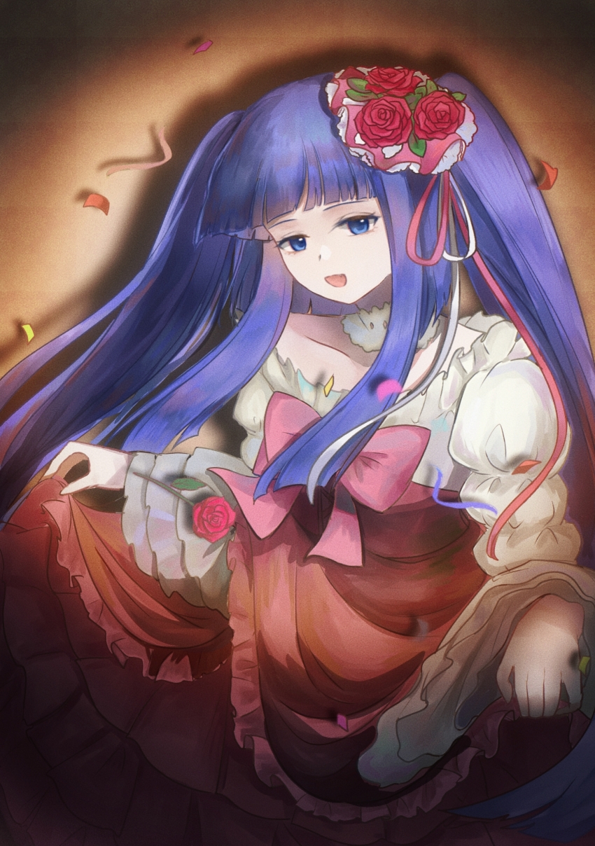 1girl, :d, blue_eyes, blue_hair, blunt_bangs, blunt_sidelocks, boombi, bow, collarbone, confetti, cowboy_shot, cross-laced_clothes, cross-laced_skirt, flower, frilled_skirt, frills, furudo_erika, hair_flower, hair_ornament, high-waist_skirt, highres, holding_own_skirt, long_sleeves, looking_at_viewer, open_mouth, puffy_long_sleeves, puffy_sleeves, purple_bow, red_flower, red_rose, red_skirt, rose, shadow, sidelocks, skirt, smile, solo, spotlight, twintails, umineko_no_naku_koro_ni, wide_sleeves