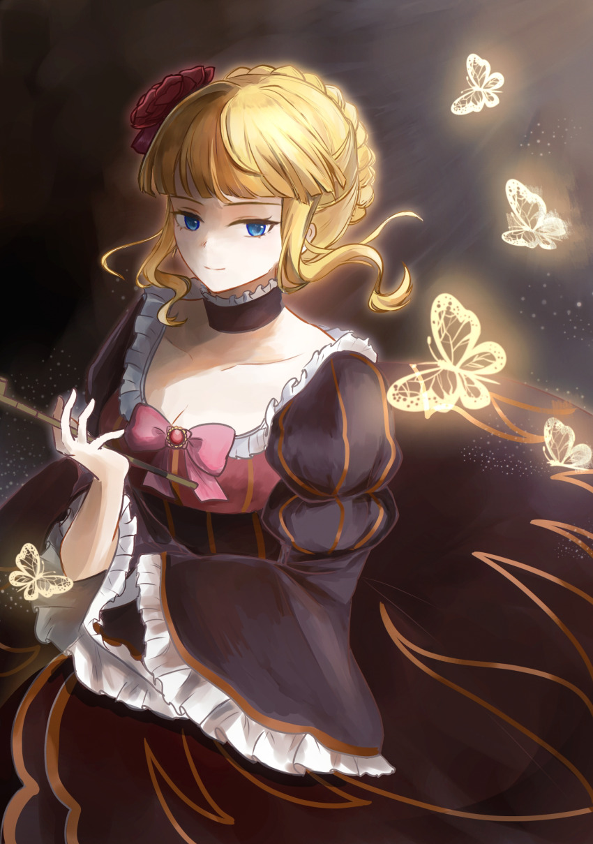 1girl, beatrice_(umineko), black_background, black_dress, blonde_hair, blue_eyes, blunt_bangs, boombi, bow, braid, braided_bun, breasts, bug, butterfly, chinese_commentary, choker, cleavage, closed_mouth, collarbone, commentary_request, dress, flower, frilled_choker, frilled_sleeves, frills, hair_bun, hair_flower, hair_ornament, highres, holding, holding_smoking_pipe, insect, kiseru, long_sleeves, looking_at_viewer, medium_breasts, pink_bow, puffy_long_sleeves, puffy_sleeves, red_flower, short_hair, sidelocks, smile, smoking_pipe, solo, standing, strapless, strapless_dress, umineko_no_naku_koro_ni, wide_sleeves, yellow_butterfly
