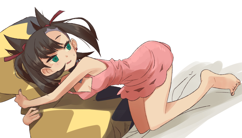 1girl, absurdres, asymmetrical_bangs, barefoot, black_hair, breasts, commentary_request, dress, eushima_(sgr), green_eyes, highres, hugging_object, marnie_(pokemon), medium_hair, nintendo, open_mouth, pillow, pillow_hug, pink_dress, pokemon, pokemon_sword_and_shield, short_dress, simple_background, small_breasts, solo, undercut, white_background