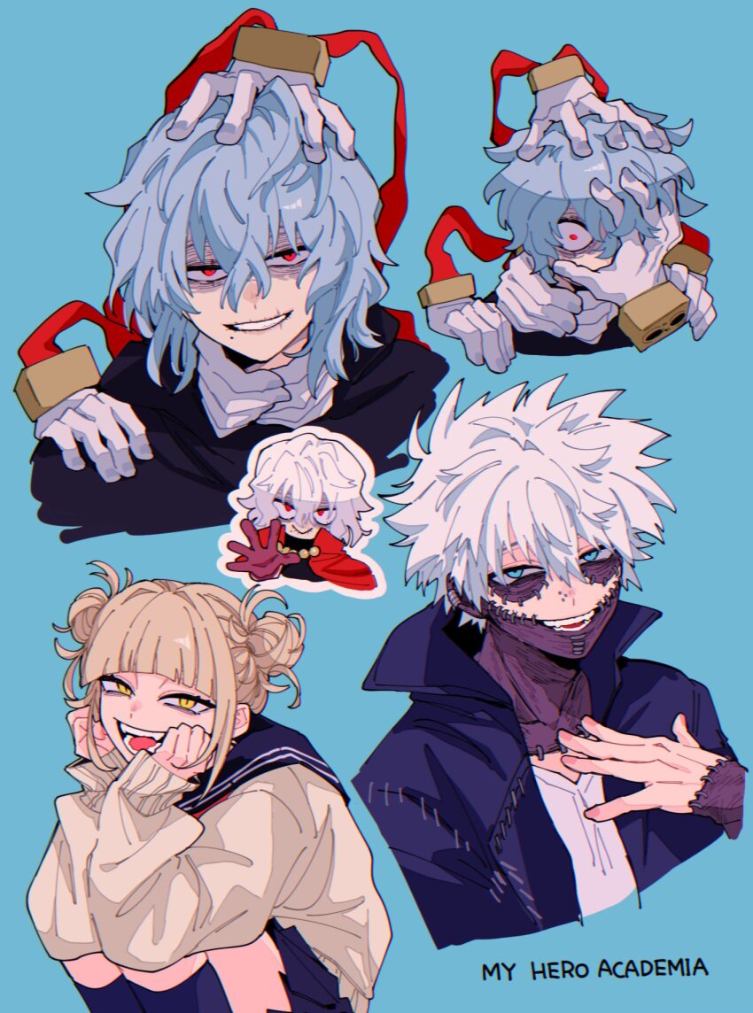 1girl, 2boys, :>, bags_under_eyes, blonde_hair, blue_background, blue_eyes, blue_hair