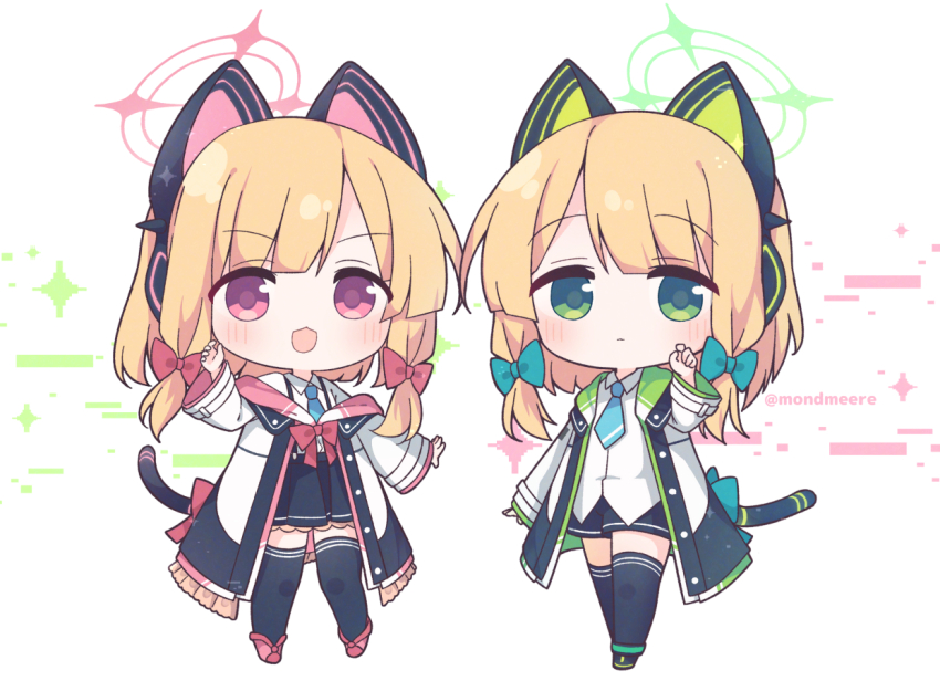 2girls, :3, :d, black_jacket, black_shoes, black_shorts, black_skirt, black_tail