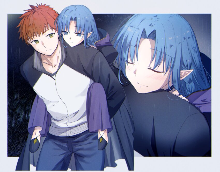 1boy, 1girl, age_difference, alternate_universe, black_jacket, blue_eyes, blue_hair, braid