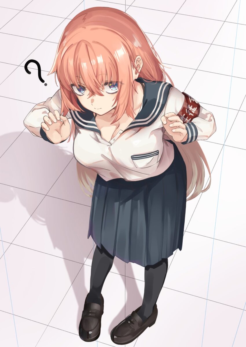 1girl, ?, armband, black_pantyhose, black_shoes, blue_eyes, blue_sailor_collar, blue_skirt