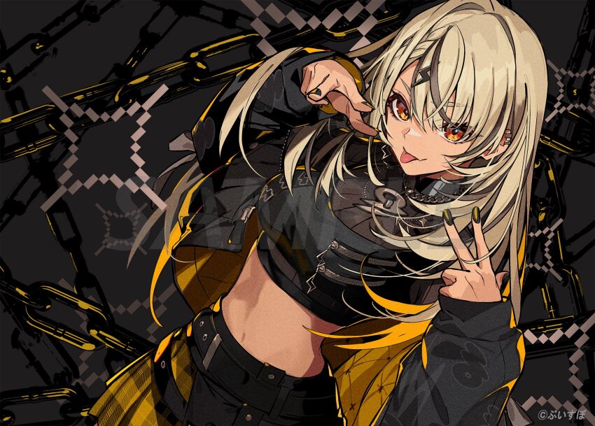 1girl, :p, belt, black_belt, black_jacket, black_nails, black_shirt, black_skirt, blonde_hair, braid, chain, chain_necklace, copyright_name, cowboy_shot, cropped_shirt, dark-skinned_female, dark_skin, double_v, dutch_angle, earrings, hair_ornament, highres, jacket, jewelry, kaminari_qpi, kaminari_qpi_(5th_costume), lightning_bolt, lightning_bolt_hair_ornament, lightning_bolt_symbol, long_hair, looking_at_viewer, midriff, multicolored_jacket, multicolored_nails, multicolored_skirt, necklace, official_alternate_costume, orange_eyes, plaid_clothes, plaid_skirt, pokimari, sample_watermark, shirt, skirt, sleeves_past_wrists, solo, tongue, tongue_out, v, virtual_youtuber, vspo!, watermark, yellow_jacket, yellow_nails, yellow_skirt, zipper, zipper_pull_tab