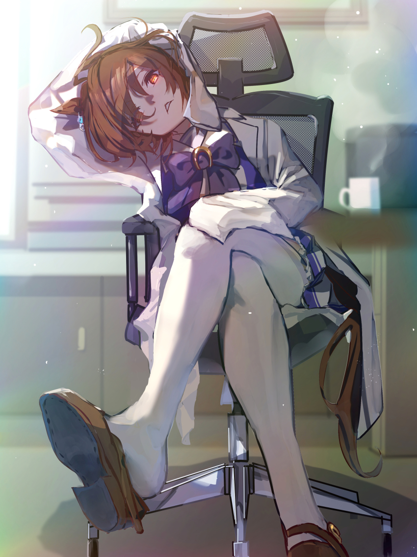 1girl, absurdres, agnes_tachyon_(umamusume), animal_ears, arm_up, blurry, blurry_background, bow, bowtie, brown_hair, brown_shoes, chair, coat, crossed_legs, flower, hair_flower, hair_ornament, head_tilt, highres, horse_ears, horse_girl, horse_tail, lab_coat, looking_at_viewer, no_uwazumi, on_chair, pleated_skirt, purple_bow, purple_bowtie, red_eyes, school_uniform, shoes, short_hair, sitting, skirt, sleeves_past_fingers, sleeves_past_wrists, solo, swivel_chair, tail, thighhighs, tracen_school_uniform, umamusume, white_coat, white_thighhighs