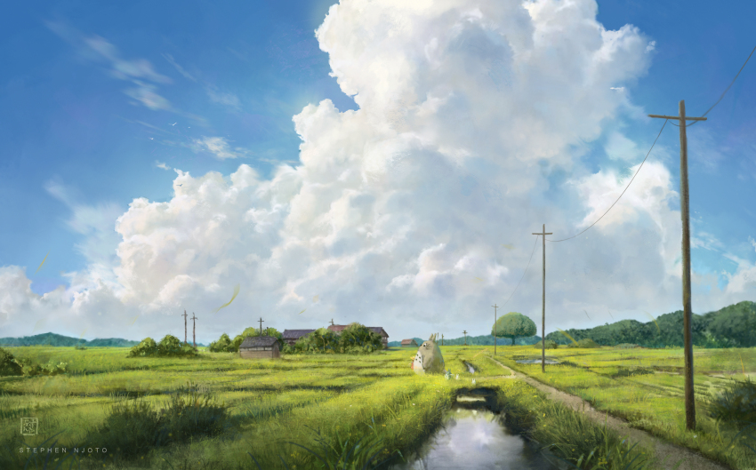 1girl, absurdres, artist_name, building, chibi_totoro, cloud, cloudy_sky, commentary