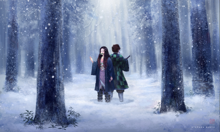 1boy, 1girl, absurdres, artist_name, bamboo, bit_gag, black_hair, black_leg_warmers