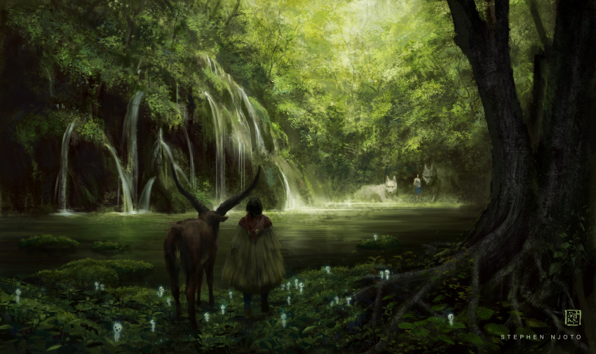 1boy, 1girl, absurdres, artist_name, ashitaka, black_hair, day, forest