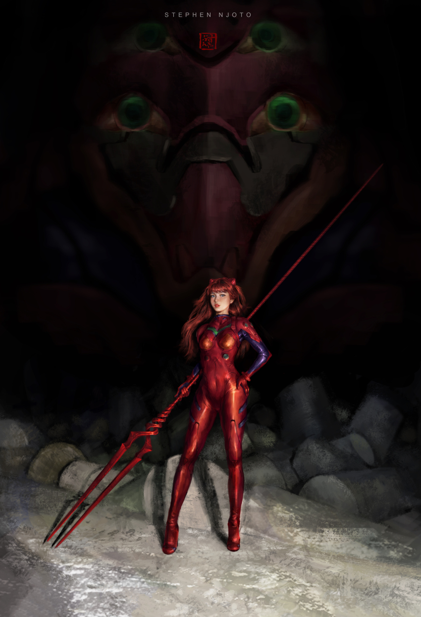 1girl, absurdres, artist_name, blue_eyes, bodysuit, breasts, brown_hair, commentary, english_commentary, eva_02, gloves, hand_on_own_hip, highres, holding, holding_polearm, holding_weapon, interface_headset_(evangelion), long_hair, long_sleeves, looking_at_viewer, mecha, mecha_pilot_suit, medium_breasts, neon_genesis_evangelion, nose, parted_lips, plugsuit_(evangelion), polearm, realistic, red_bodysuit, red_gloves, red_lips, robot, skin_tight, solo, souryuu_asuka_langley, standing, stephen_njoto, weapon, wide_hips, wide_shot