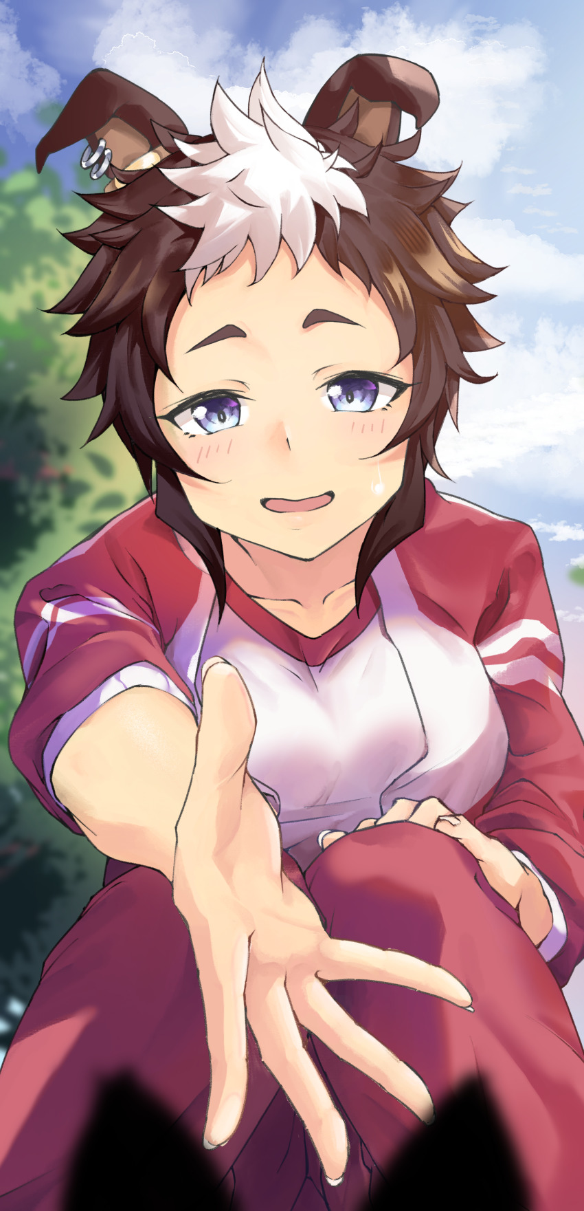 1girl, absurdres, animal_ear_piercing, animal_ears, blue_sky, blurry, blurry_background, brown_hair