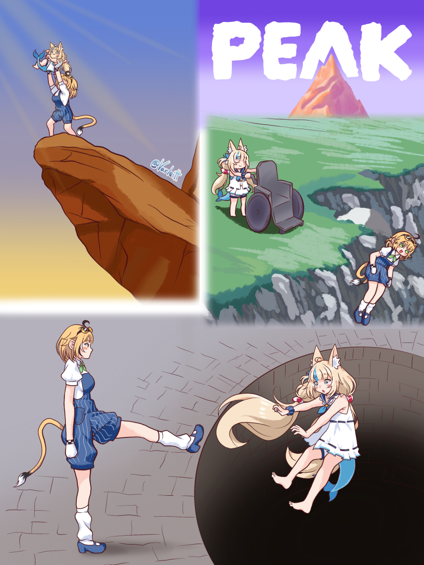2girls, 300_(movie), :o, absurdres, alps_no_shoujo_heidi, animal_ears, arms_up, artist_name, blonde_hair, blue_eyes, blue_hair, blue_overalls, blush_stickers, cat_ears, checkered_gloves, cliff, commentary, dooby, dooby_(1st_costume), dress, english_commentary, fins, fish_tail, full_body, goggles, green_eyes, heidi_pushes_clara_over_cliff_(meme), highres, hole, indie_virtual_youtuber, kicking, long_hair, meme, mouse_girl, multicolored_hair, multiple_girls, overalls, peak_(game), pinstripe_overalls, sameko_saba, scene_reference, streaked_hair, striped_clothes, striped_overalls, tail, the_lion_king, this_is_sparta_(meme), too_many_memes, train_conductor, twitter_username, varliet, vertical-striped_overalls, virtual_youtuber, wheelchair, white_dress