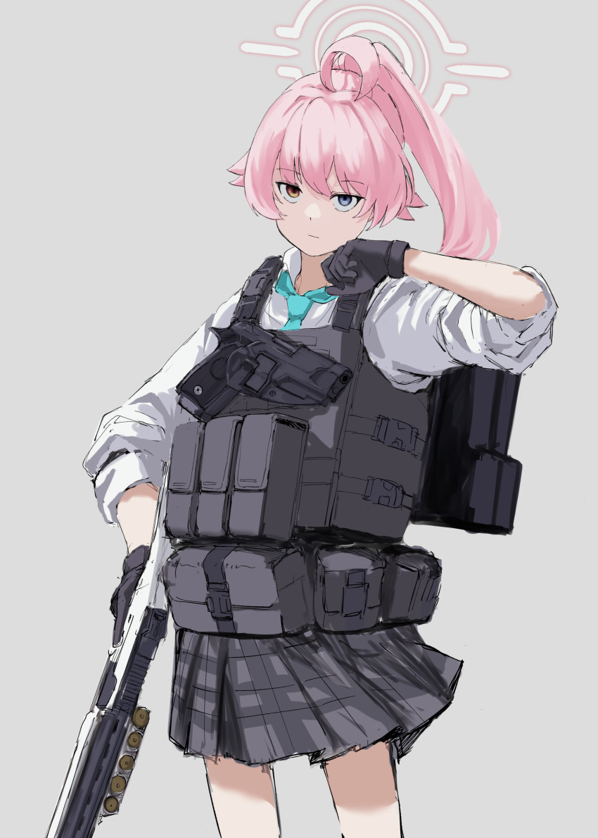 1girl, absurdres, ahoge, black_gloves, blue_archive, blue_eyes, blue_necktie, body_armor, bulletproof_vest, closed_mouth, collared_shirt, commentary_request, dot_nose, gloves, grey_background, grey_skirt, gun, halo, handgun, heterochromia, high_ponytail, highres, holding, holding_gun, holding_weapon, holster, hoshino_(armed)_(blue_archive), hoshino_(blue_archive), long_hair, looking_at_viewer, n.e., necktie, pink_hair, pink_halo, plaid_clothes, plaid_skirt, pleated_skirt, ponytail, pouch, school_uniform, shirt, shotgun, sketch, skirt, solo, standing, tactical_clothes, weapon, white_shirt, yellow_eyes
