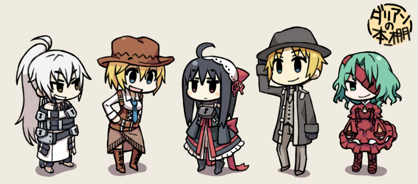 10s, 1boy, 4girls, ahoge, black_hair, blonde_hair, blue_eyes, blush_stickers