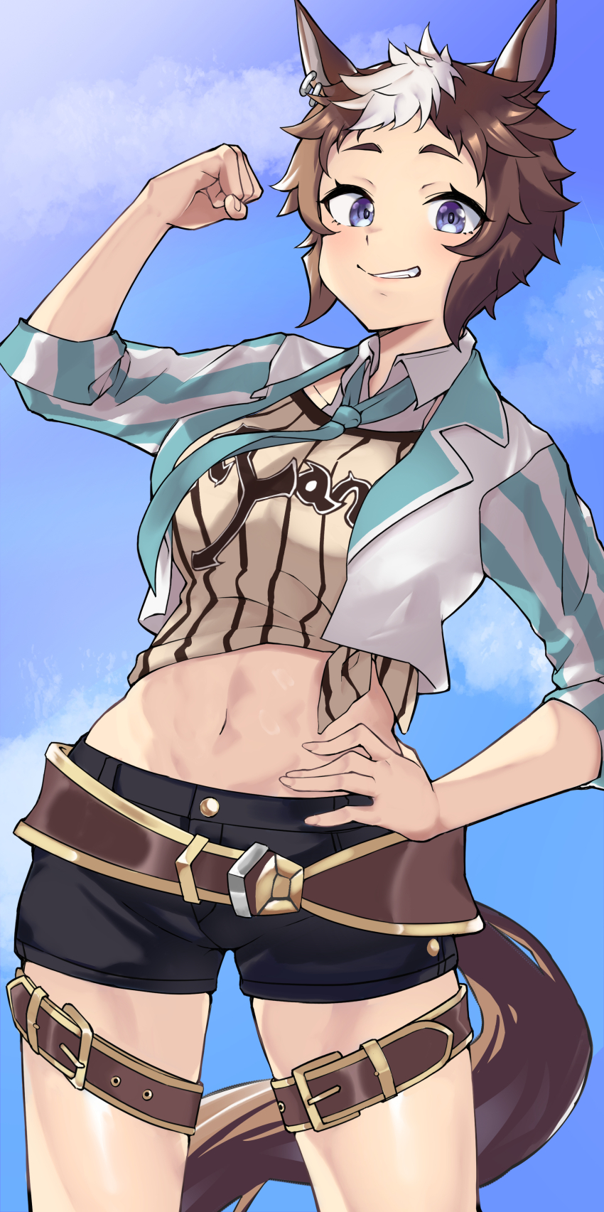 1girl, absurdres, animal_ears, aqua_necktie, aqua_sleeves, belt, black_shorts, blue_eyes