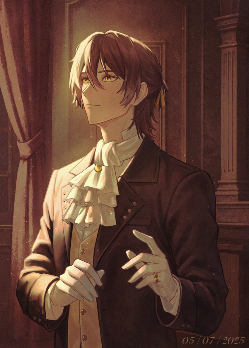 1boy, absurdres, antonio_salieri_(fate), antonio_salieri_(human)_(fate), ascot, brown_coat, brown_hair, brown_vest