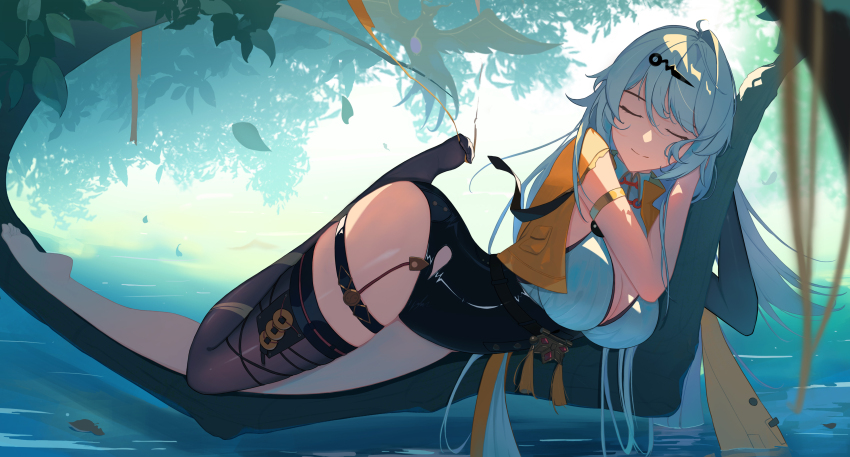 1girl, absurdres, arm_strap, ass, barefoot, bird, blue_sky, breasts, cleavage, closed_eyes, closed_mouth, collared_shirt, facing_viewer, falling_leaves, feet, full_body, hair_ornament, hairclip, high-waist_shorts, highres, jacket, large_breasts, leaf, looking_at_viewer, lying, mangrove, off-shoulder_jacket, off_shoulder, on_branch, on_tree, shirt, shorts, single_thighhigh, sky, sleeping, sleeveless, sleeveless_shirt, smile, solo, suimeng_yz, thigh_strap, thighhighs, thighs, water, white_hair, white_shirt, yellow_jacket, yixuan_(zenless_zone_zero), zenless_zone_zero