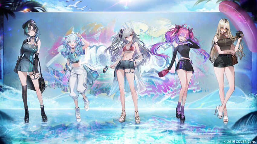 5girls, :d, absurdres, ahoge, arm_up, armlet, bag, bare_legs