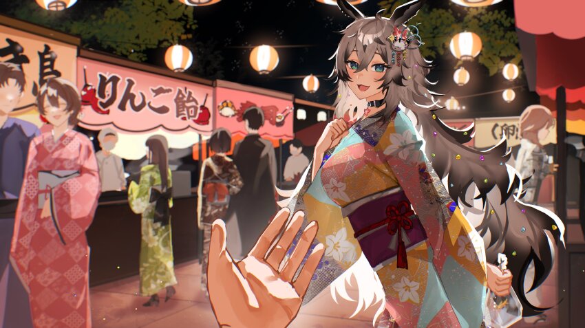 1girl, absurdres, ahoge, animal_ears, aqua_eyes, belt_collar, black_collar, black_hair