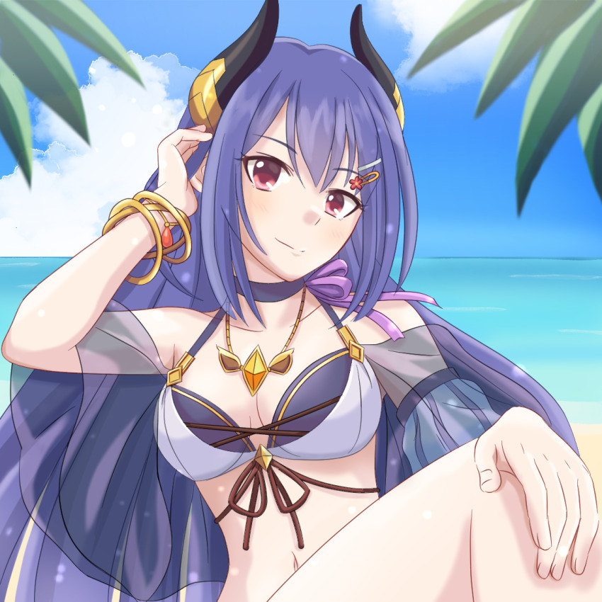1girl, arm_up, bikini, black_horns, blue_hair, bracelet, breasts, closed_mouth