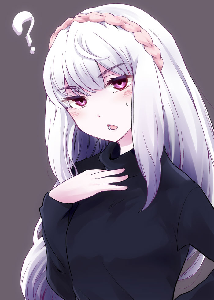 blush, hairband, hand_on_own_chest, long_hair, open_mouth, red_eyes, sakayama_shinta, silver_hair, solo, st&amp;rs, sweatdrop