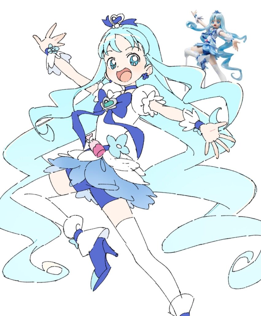 1girl, :d, aqua_eyes, aqua_hair, blue_bow, blue_bowtie, blue_choker, blue_shoes