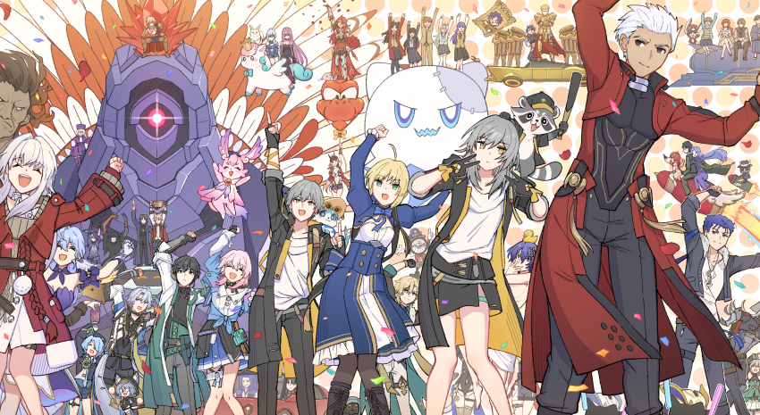 6+boys, 6+girls, absurdres, archer_(fate), archer_(honkai:_star_rail)_(fate), argenti_(honkai:_star_rail), arms_up, artoria_pendragon_(fate)