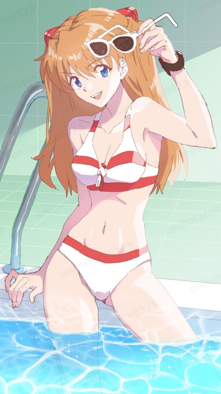 1girl, alternate_costume, bikini, blue_eyes, brown_hair, curvy, highres, indoors, long_hair, looking_at_viewer, multicolored_bikini, navel, neon_genesis_evangelion, official_alternate_costume, open_mouth, pool_ladder, shiny_skin, solo, souryuu_asuka_langley, sunglasses_removed, swimsuit, two-tone_bikini, unihotate0329, water, wet, wide_hips