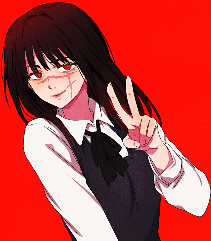 1girl, black_bow, black_bowtie, black_hair, bow, bowtie, chainsaw_man, closed_mouth