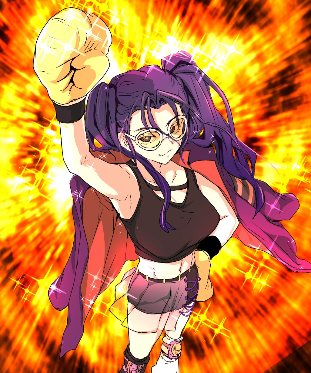 1girl, arm_up, black_leg_warmers, black_tank_top, boxing_gloves, breasts, closed_mouth, commentary_request