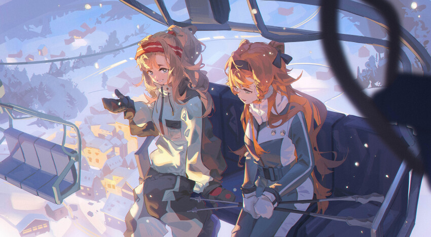 2girls, :d, absurdres, alternate_costume, black_gloves, black_hairband, blue_eyes, chairlift