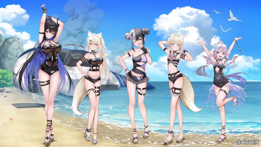 5girls, ;o, aircraft, animal_ears, arm_behind_head, arm_strap, arms_up, asymmetrical_horns