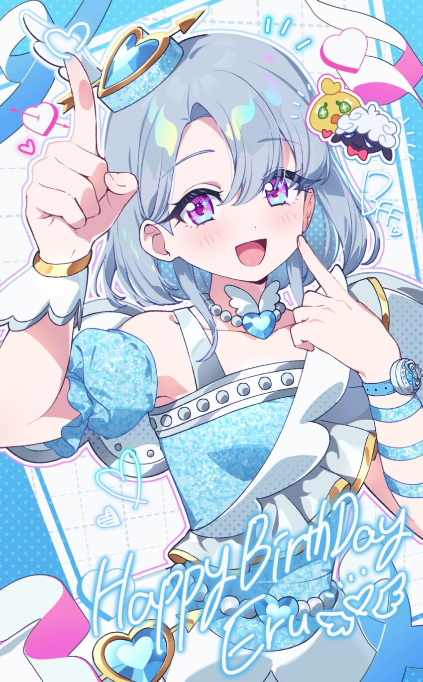 :d, bare_shoulders, blue_dress, blue_sleeves, blush, bracelet, character_name, commentary