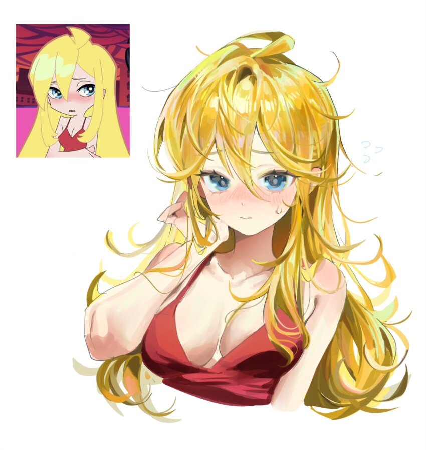 1girl, ahoge, anime_screenshot_inset, bare_arms, bare_shoulders, blonde_hair, blue_eyes, blush