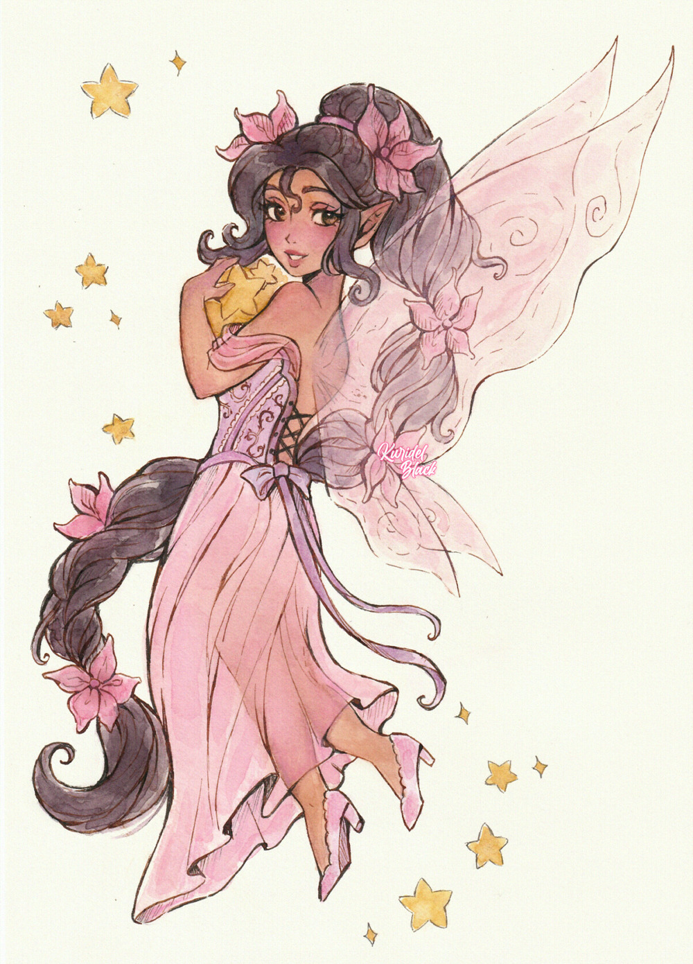 1girl, absurdly_long_hair, blush, corset, dark-skinned_female, dark_skin, disney_fairies, disney_fairies_(book_series), dress, eyelashes, fairy, fairy_wings, fira_(disney_fairies), flower, highres, kuridel, lips, long_hair, loose_dress, multi-tied_hair, pointy_ears, ponytail, smile, solo, star_(symbol), traditional_media, very_long_hair, wings