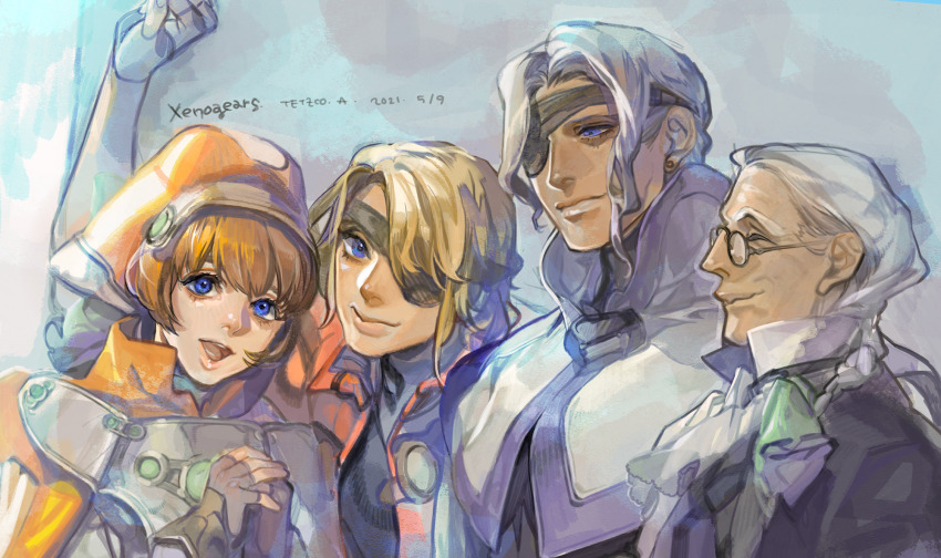 1girl, 3boys, :d, artist_name, ascot, bartholomew_fatima, black_suit, blonde_hair