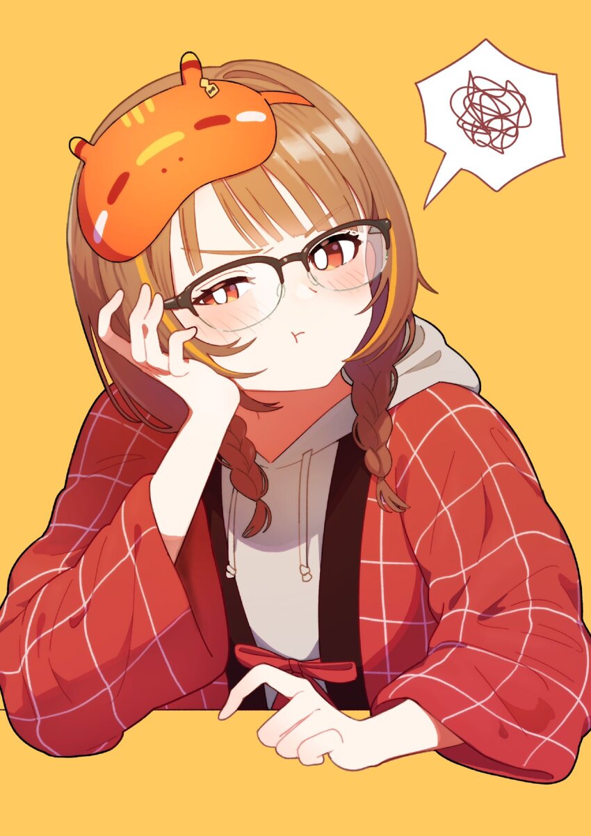 1girl, :t, black-framed_eyewear, blush, braid, brown_hair, commentary_request, cropped_torso