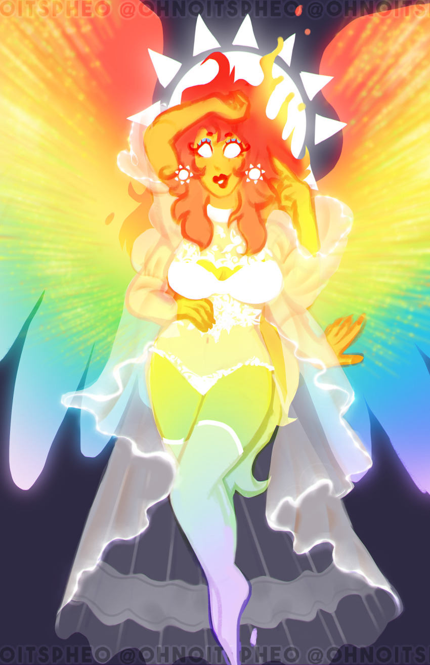 1girl, @ohnoitspheo, breasts, closed_eyes, divine_entity, extra_arms, green_hair, halo, highres, kino_amos_(@ohnoitspheo), large_breasts, lingerie, long_hair, mature_female, multicolored_hair, orange_hair, original, rainbow_skin, red_hair, sun_print, thick_lips, underwear